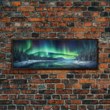 Panoramic Aurora Borealis Wall Art, Framed Canvas Print, Snowy Winter Landscape Painting, Winter Centerpiece Wall Art