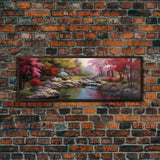 Panoramic Landscape Print Of A Tranquil Spring Stream, Framed Canvas Print, Original Landscape Oil Painting, Guest Room Decor