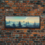 Cyberpunk City Above The Clouds, Futuristic Metropolis, Extra Large Wall Art, Framed Panoramic Canvas Print, Framed Wall Decor