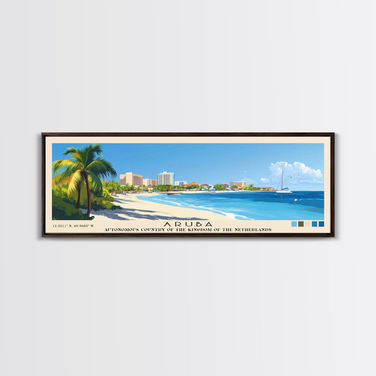 Aruba, autonomous country of the Kingdom of the Netherlands Panoramic Print, Vacation Gift, autonomous country of the Kingdom of the Netherlands Wall Art, Beach Painting, Beach Decor, Large Wall Art, Wood Frame Art