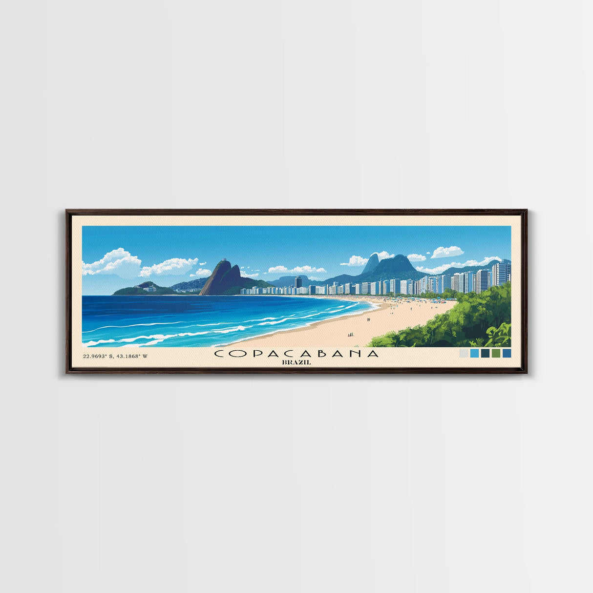 Copacabana, Brazil Panoramic Beach Print, Vacation Gift, Brazil Wall Art, Framed Canvas Print, Framed Beach Painting