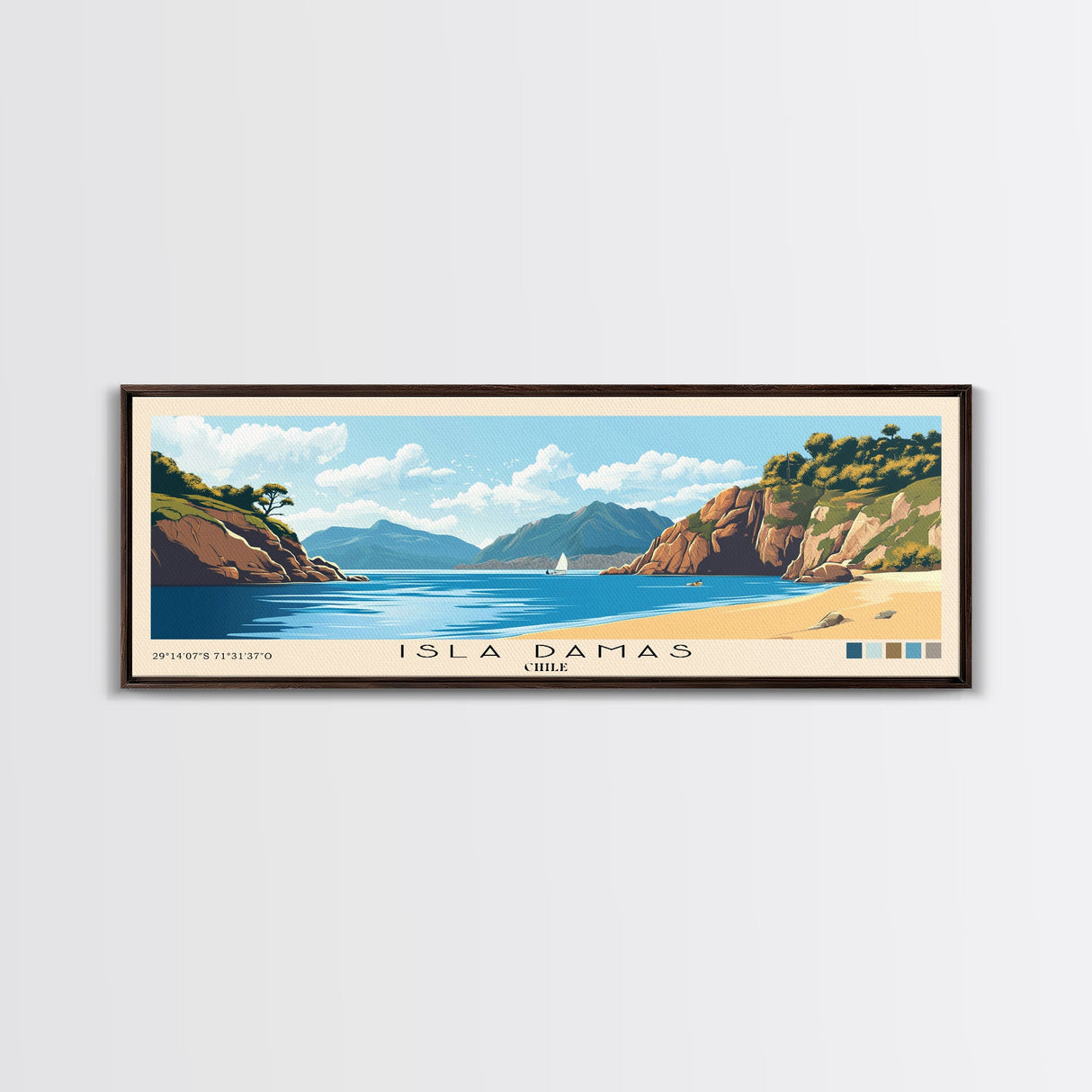 Isla Damas, Chile Panoramic Print, Vacation Gift, Chile Wall Art, Beach Painting, Beach Decor, Large Wall Art, Wood Frame Art