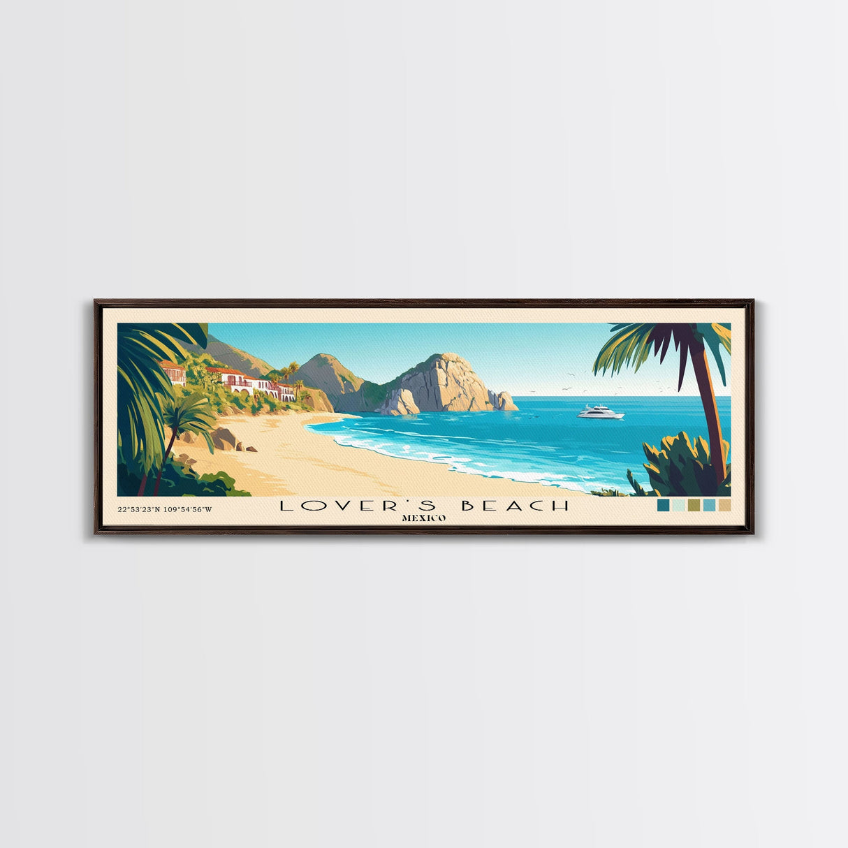 Lover’s Beach, Mexico Panoramic Beach Print, Vacation Gift, Mexico Wall Art, Framed Canvas Print, Framed Beach Painting