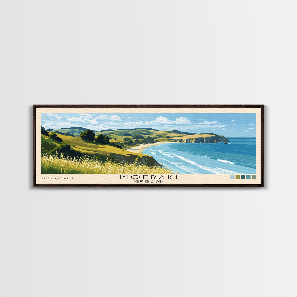 Moeraki, New Zealand Panoramic Beach Print, Vacation Gift, New Zealand Wall Art, Framed Canvas Print, Framed Beach Painting