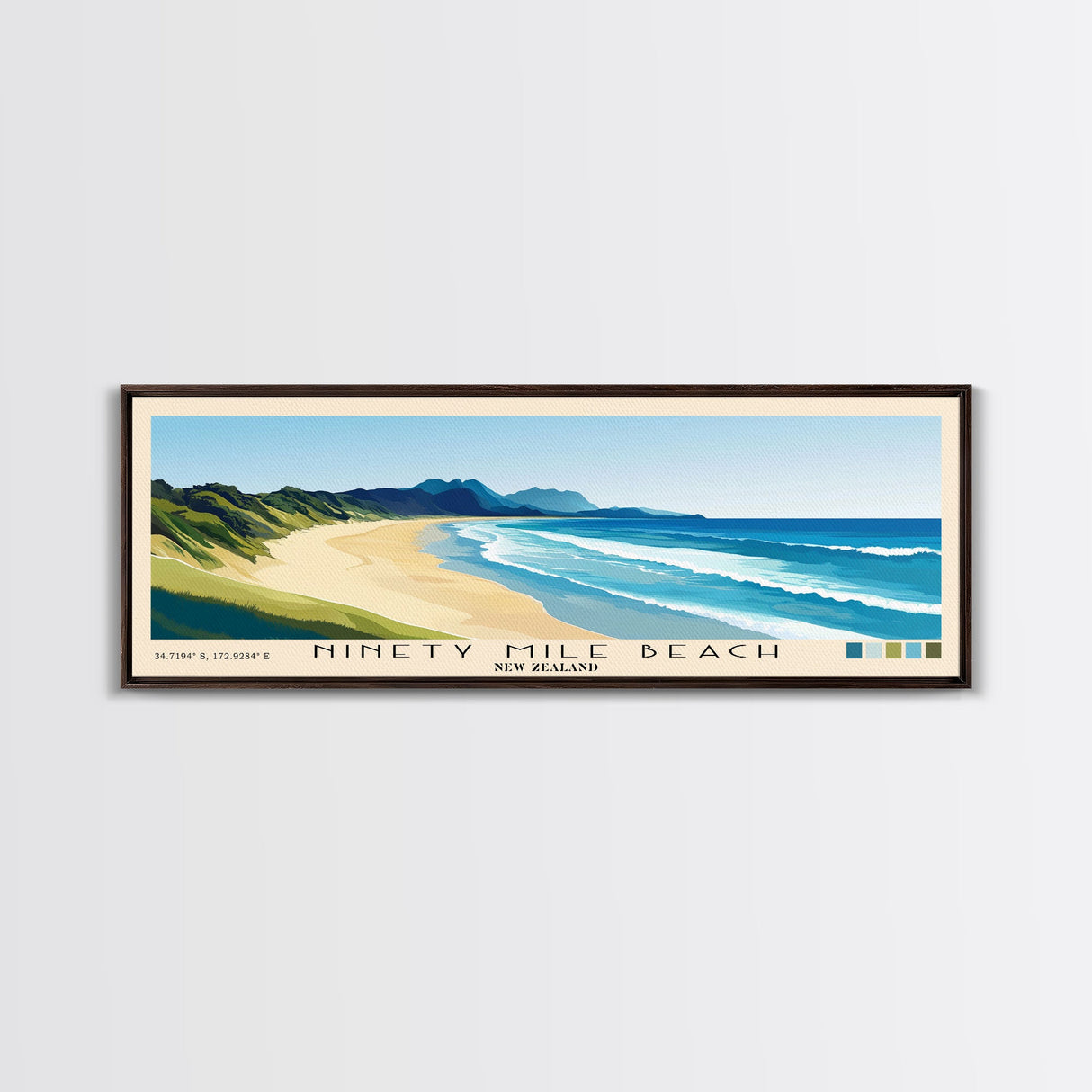 Ninety Mile Beach, New Zealand Panoramic Print, Vacation Gift, New Zealand Wall Art, Beach Painting, Beach Decor, Beach Or Lakehouse Art