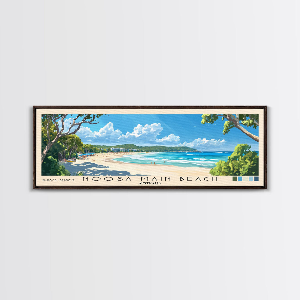 Noosa Main Beach, Australia Panoramic Print, Vacation Gift, Australia Wall Art, Beach Painting, Beach Decor, Large Wall Art, Wood Frame Art