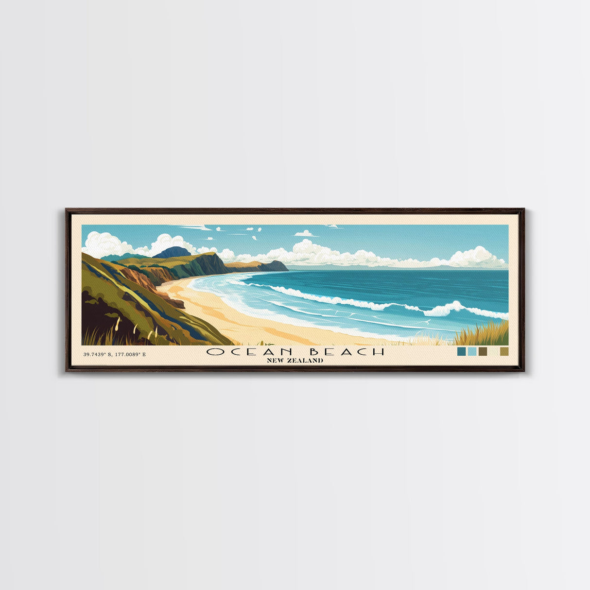 Ocean Beach, New Zealand Panoramic Print, Vacation Gift, New Zealand Wall Art, Beach Painting, Beach Decor, Beach Or Lakehouse Art