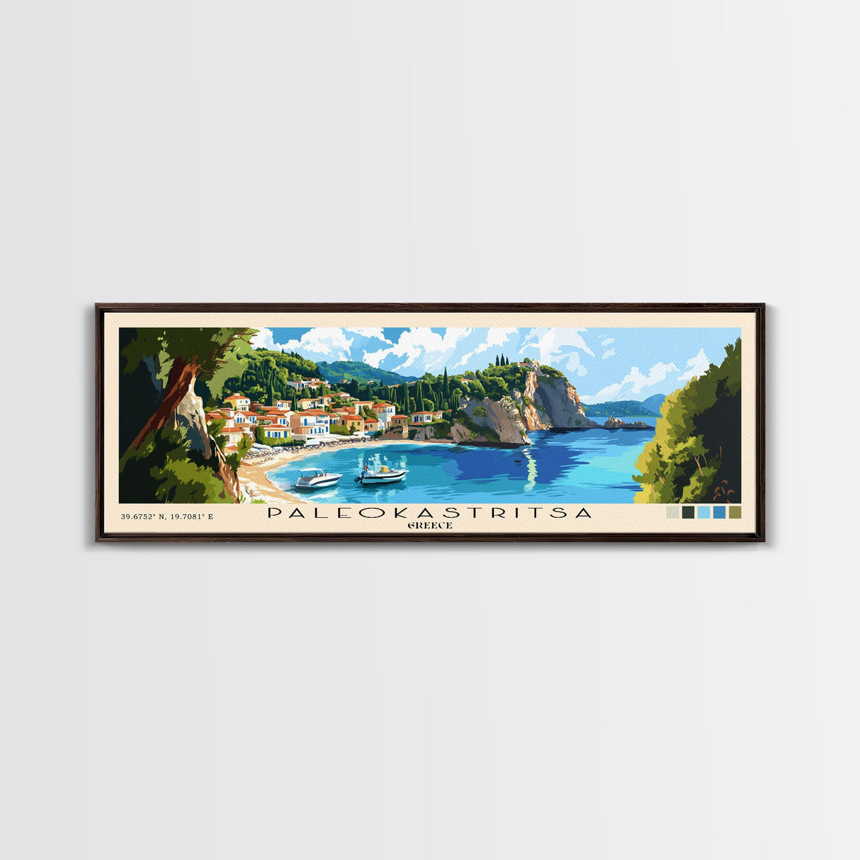 Paleokastritsa, Greece Panoramic Beach Print, Vacation Gift, Greece Wall Art, Framed Canvas Print, Framed Beach Painting