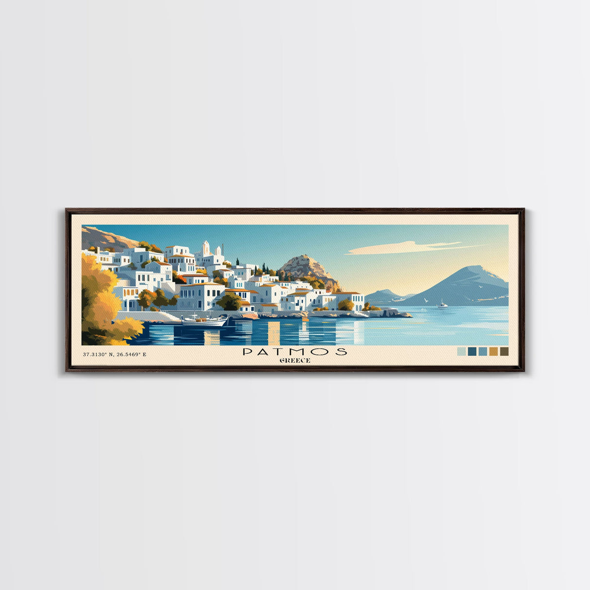 Patmos, Greece Panoramic Beach Print, Vacation Gift, Greece Wall Art, Beach Painting, Beach Decor, Beach Painting