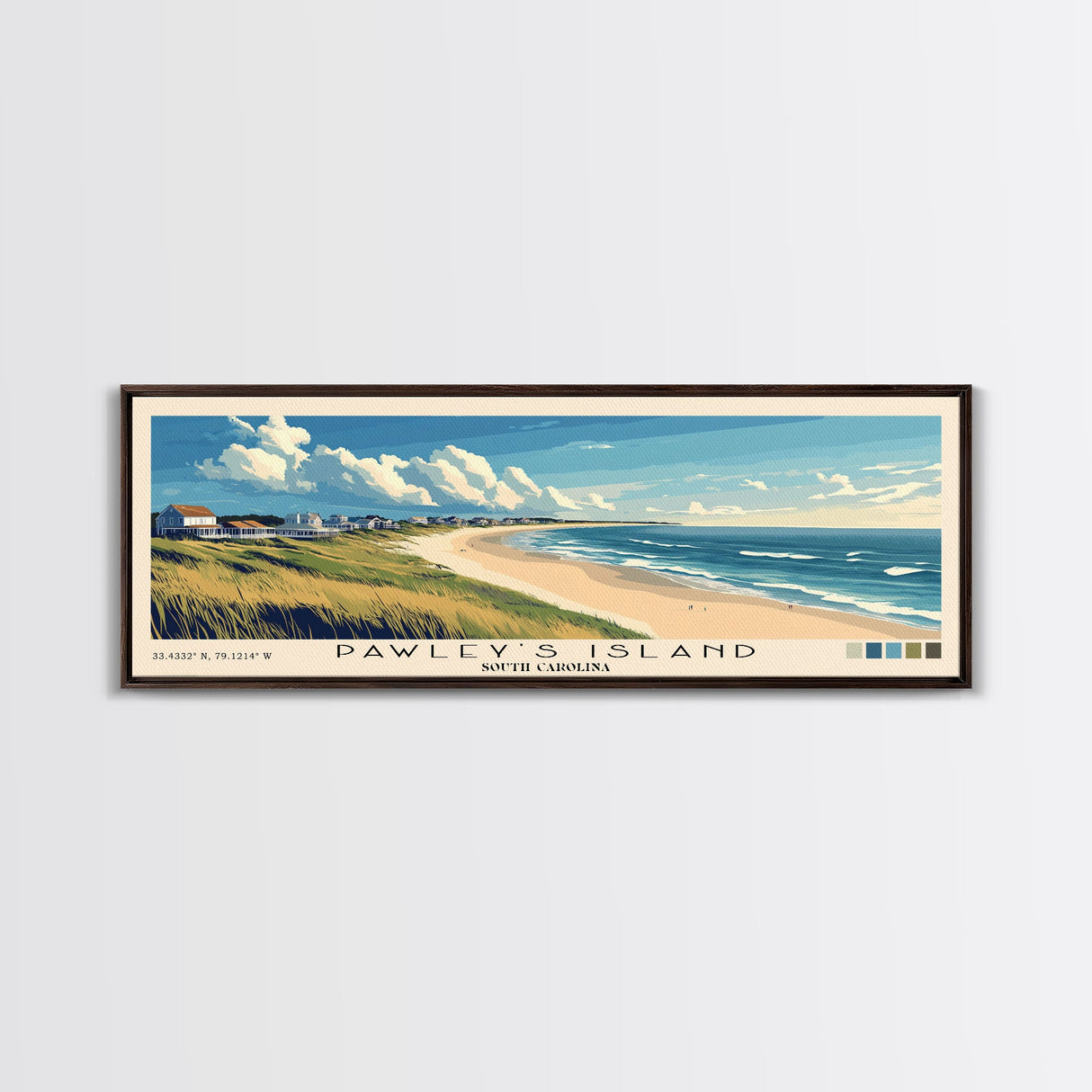 Pawley's Island, South Carolina Panoramic Beach Print, Vacation Gift, South Carolina Wall Art, Framed Canvas Print, Framed Beach Painting