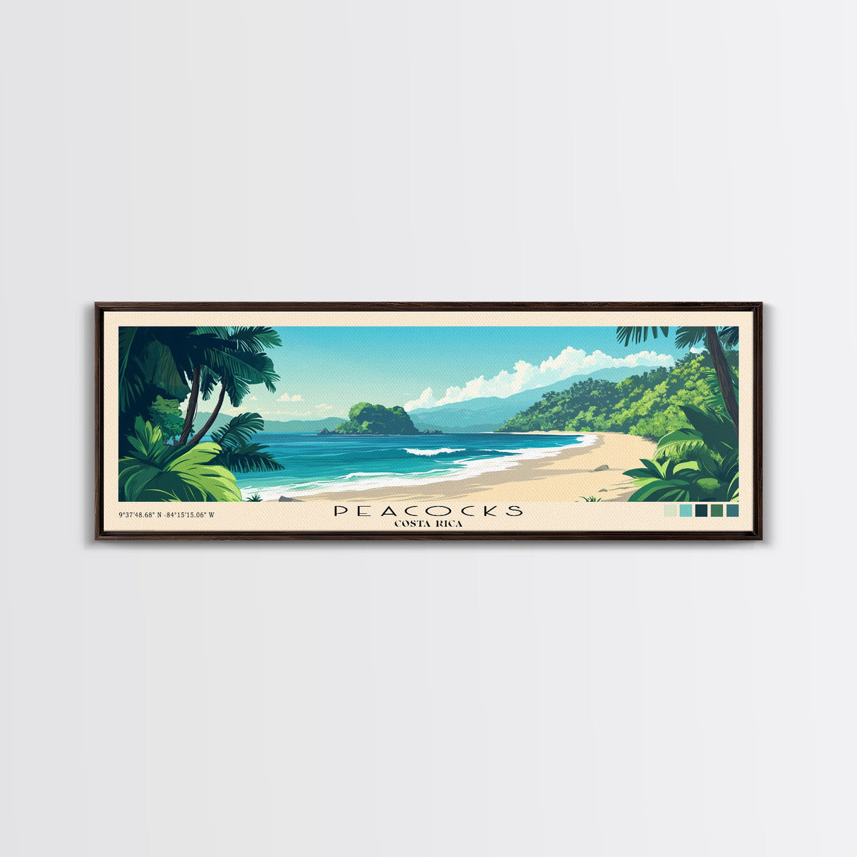 Peacocks, Costa Rica Panoramic Beach Print, Vacation Gift, Costa Rica Wall Art, Beach Painting, Beach Decor, Beach Painting