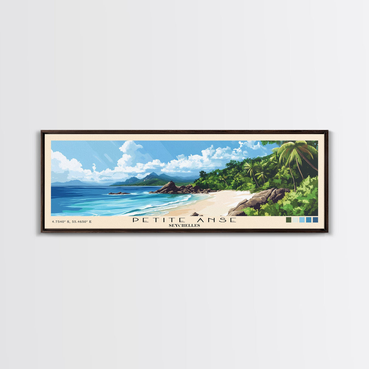 Petite Anse, Seychelles Panoramic Print, Vacation Gift, Seychelles Wall Art, Beach Painting, Beach Decor, Large Wall Art, Wood Frame Art