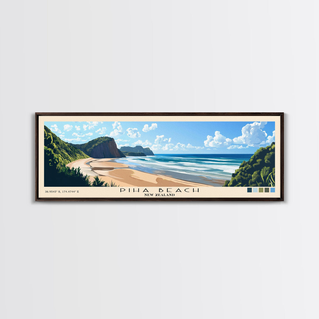 Piha Beach, New Zealand Panoramic Print, Vacation Gift, New Zealand Wall Art, Beach Painting, Beach Decor, Beach Or Lakehouse Art