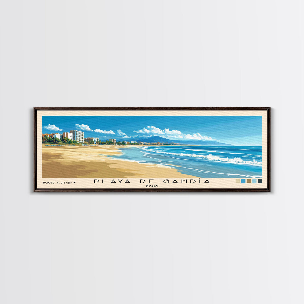 Playa de Gandía, Spain Panoramic Beach Print, Vacation Gift, Spain Wall Art, Beach Painting, Beach Decor, Beach Painting