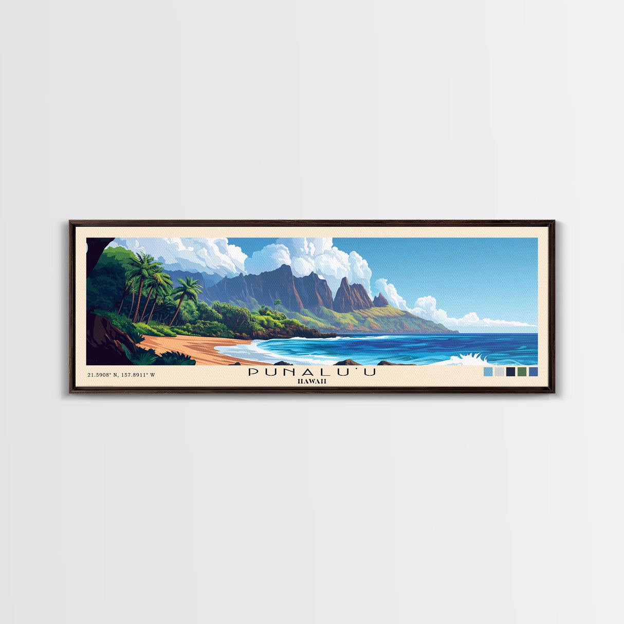 Punalu’u, Hawaii Panoramic Beach Print, Vacation Gift, Hawaii Wall Art, Framed Canvas Print, Framed Beach Painting