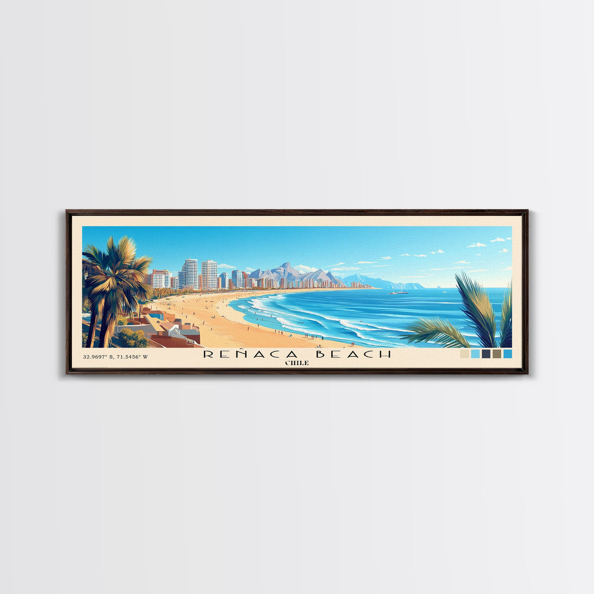 Reñaca beach, Chile Panoramic Print, Vacation Gift, Chile Wall Art, Beach Painting, Beach Decor, Large Wall Art, Wood Frame Art