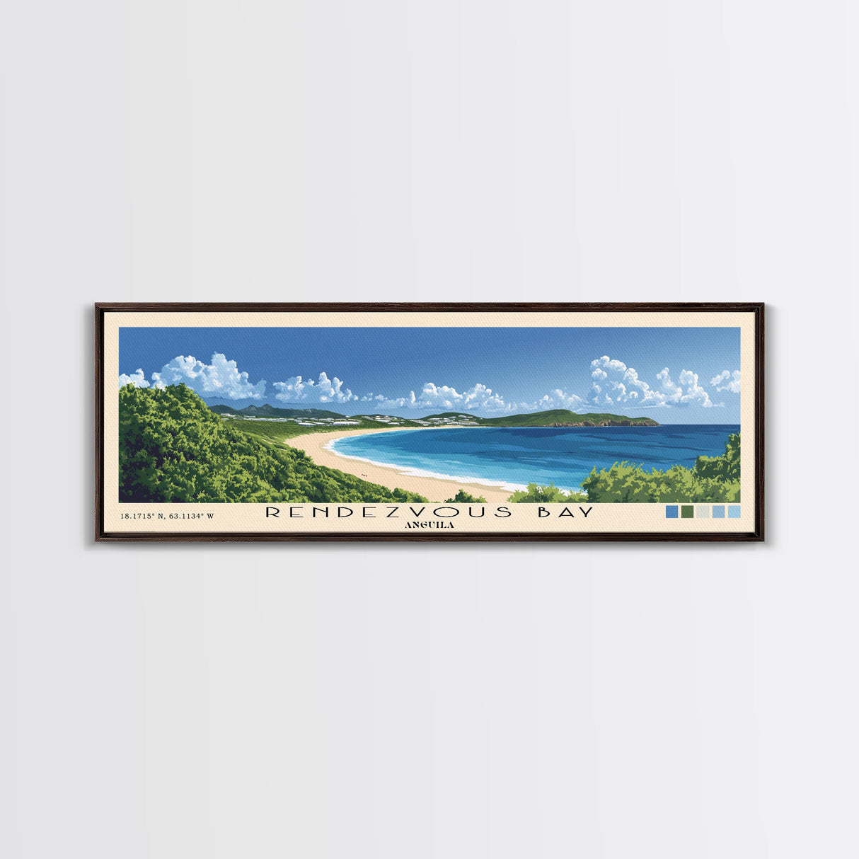 Rendezvous Bay, Anguila Panoramic Beach Print, Vacation Gift, Anguila Wall Art, Framed Canvas Print, Framed Beach Painting