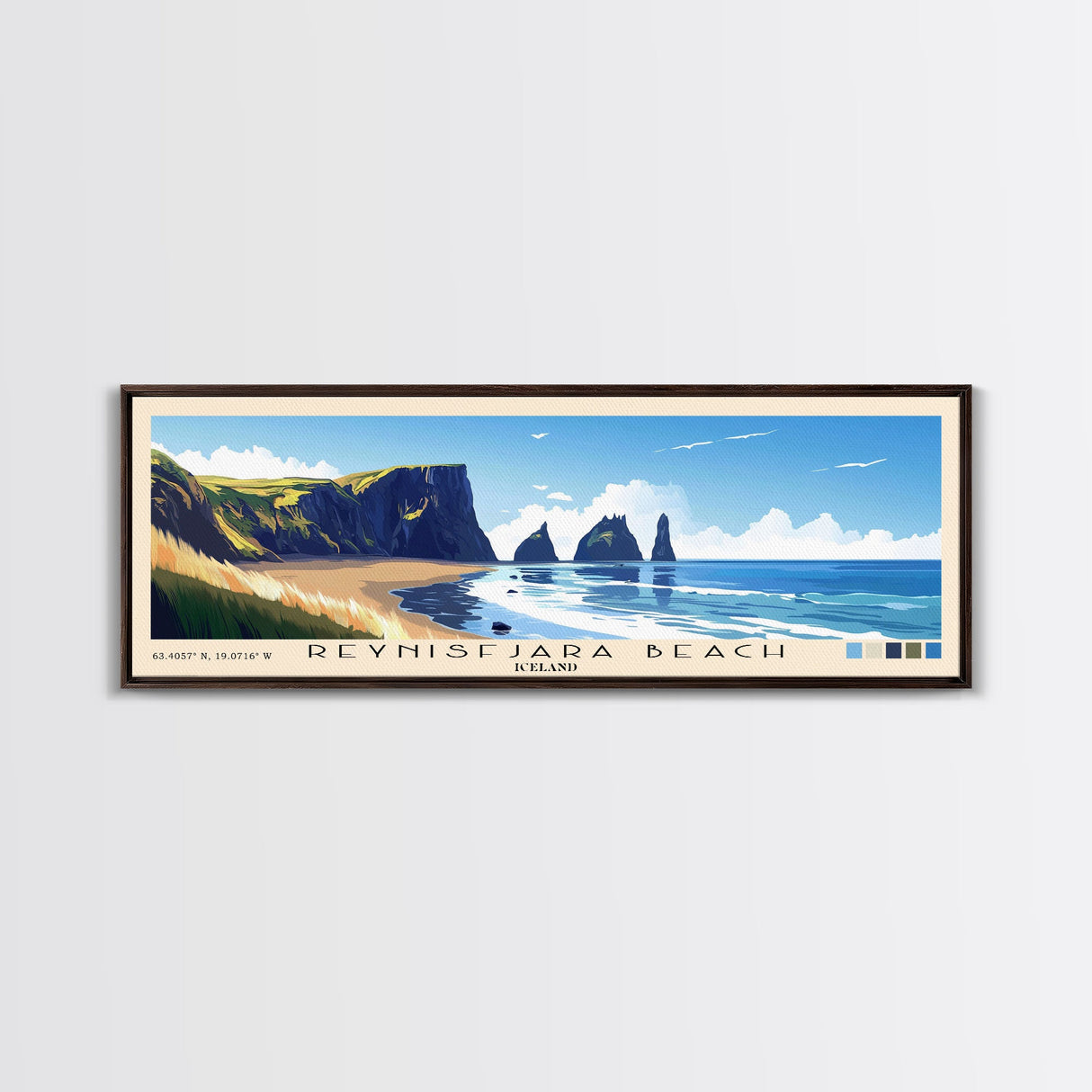 Reynisfjara Beach, Iceland Panoramic Beach Print, Vacation Gift, Iceland Wall Art, Framed Canvas Print, Framed Beach Painting