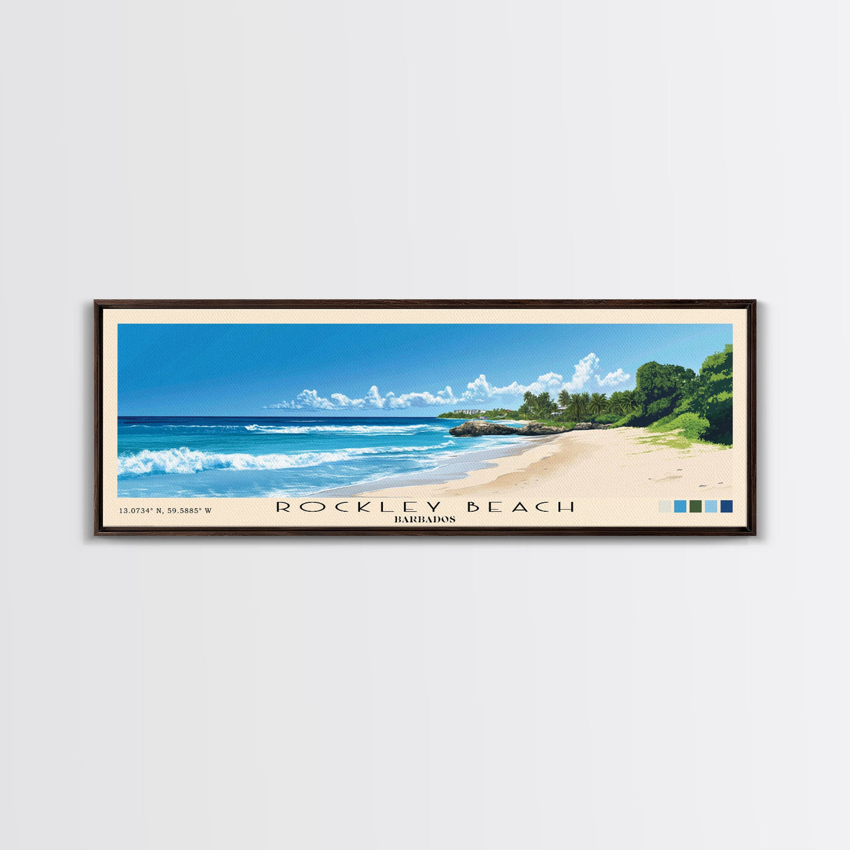 Rockley Beach, Barbados Panoramic Beach Print, Vacation Gift, Barbados Wall Art, Framed Canvas Print, Framed Beach Painting