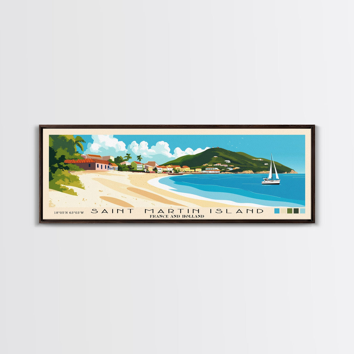 Saint Martin Island, France and Holland Panoramic Beach Print, Vacation Gift, France and Holland Wall Art, Beach Painting, Beach Decor, Beach Painting