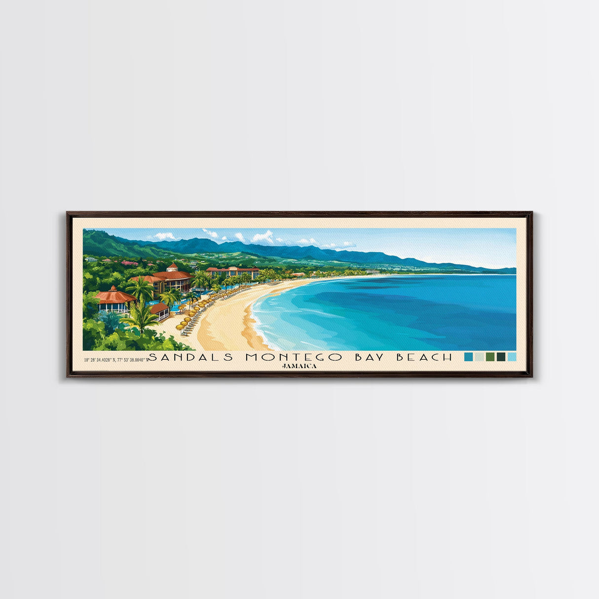 Sandals Montego Bay Beach, Jamaica Panoramic Print, Vacation Gift, Jamaica Wall Art, Beach Painting, Beach Decor, Large Wall Art, Wood Frame Art