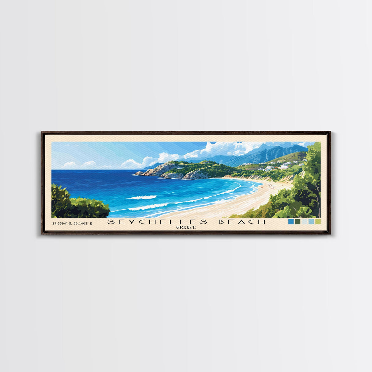 Seychelles Beach, Greece Panoramic Beach Print, Vacation Gift, Greece Wall Art, Framed Canvas Print, Framed Beach Painting