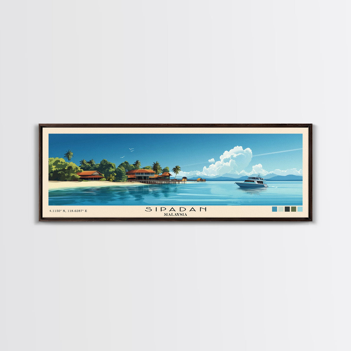 Sipadan, Malaysia Panoramic Print, Vacation Gift, Malaysia Wall Art, Beach Painting, Beach Decor, Large Wall Art, Wood Frame Art