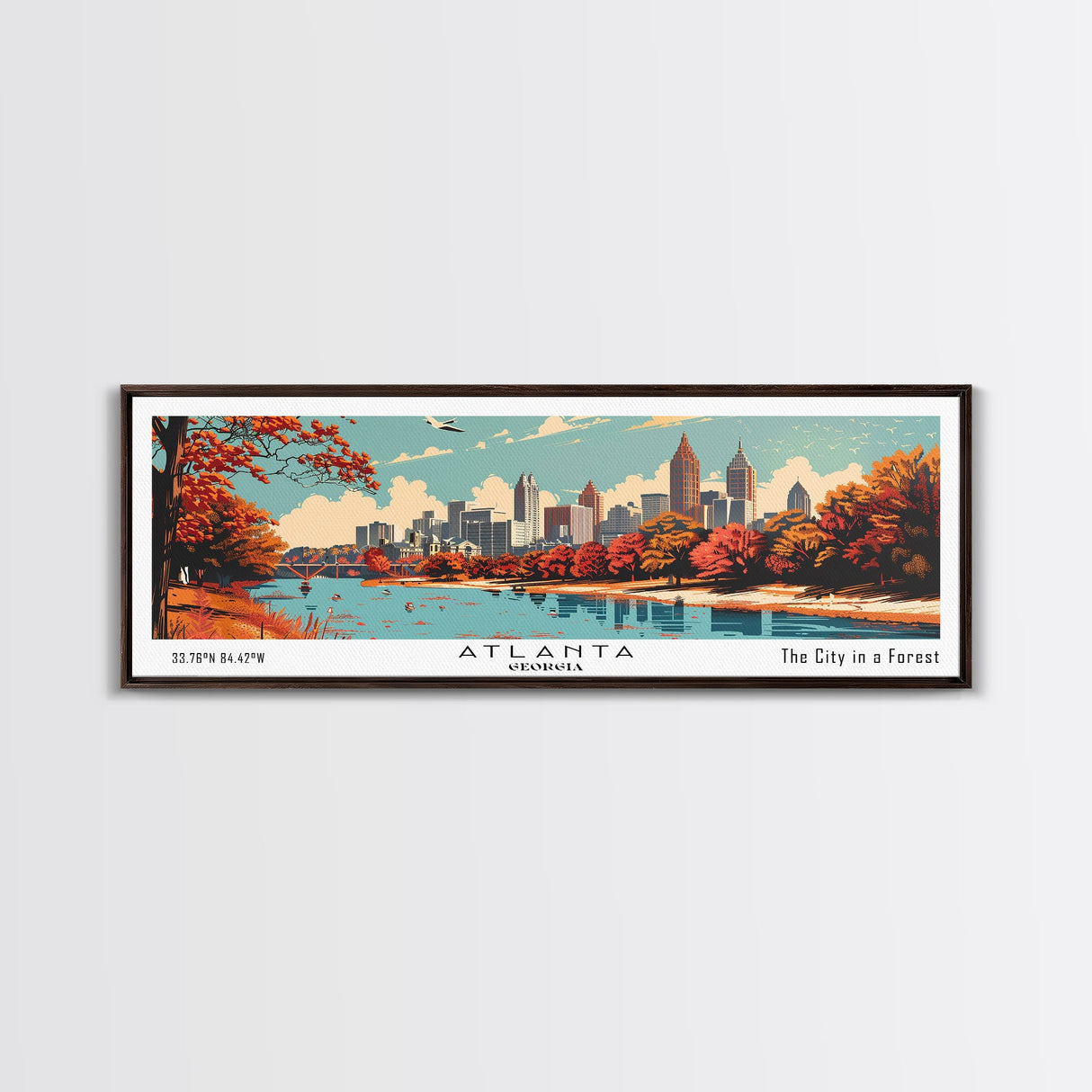 Atlanta Georgia Panoramic Painting, Mid Century Modern Framed Canvas Print, Retro Pop Art Travel Poster, Home Decor, City Wall Art