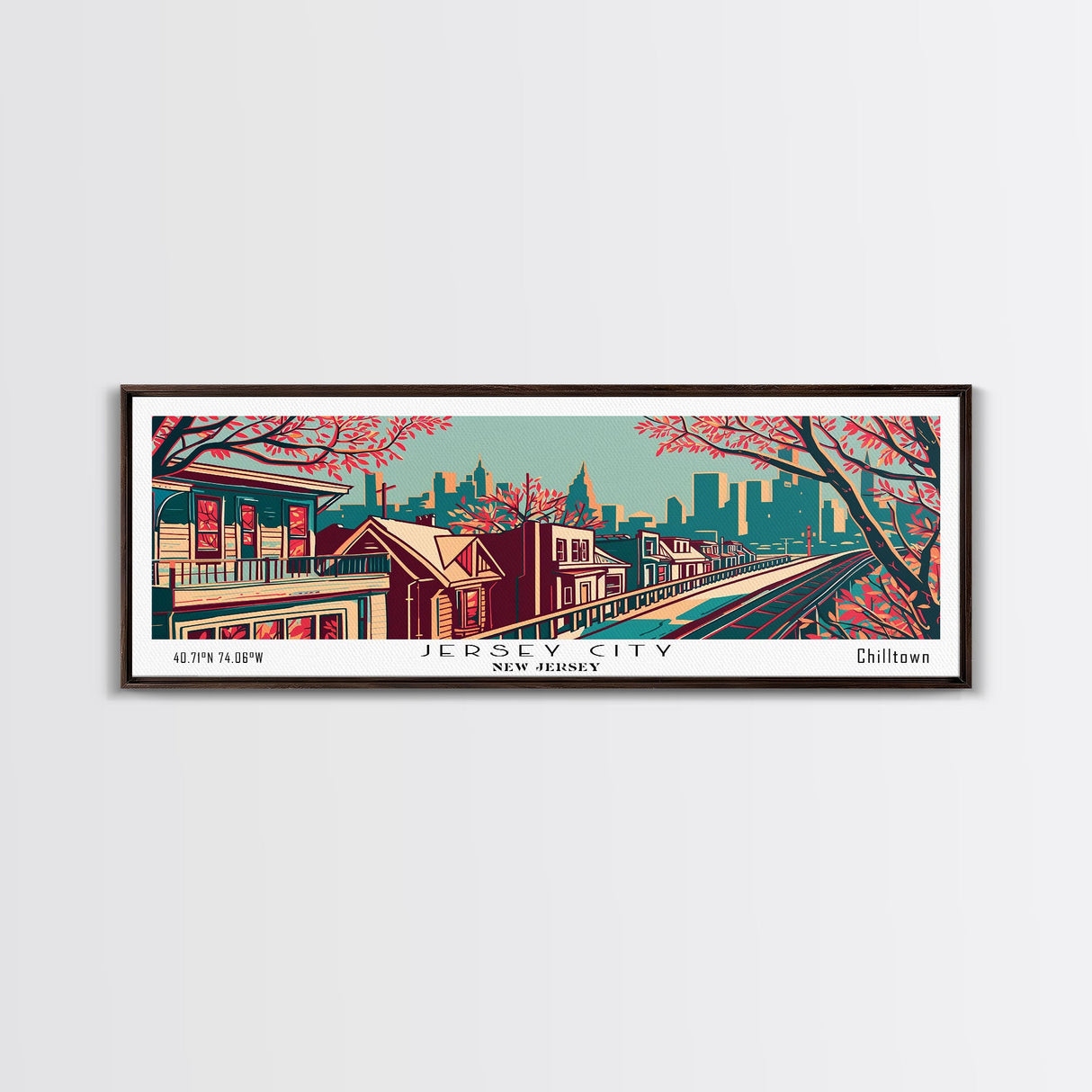 Jersey City New Jersey Panoramic Framed Canvas Print, Travel Poster, Mid Century Modern Art, Pop Art Style, Wall Decor, Office Art, Home Decor, Living Room Art