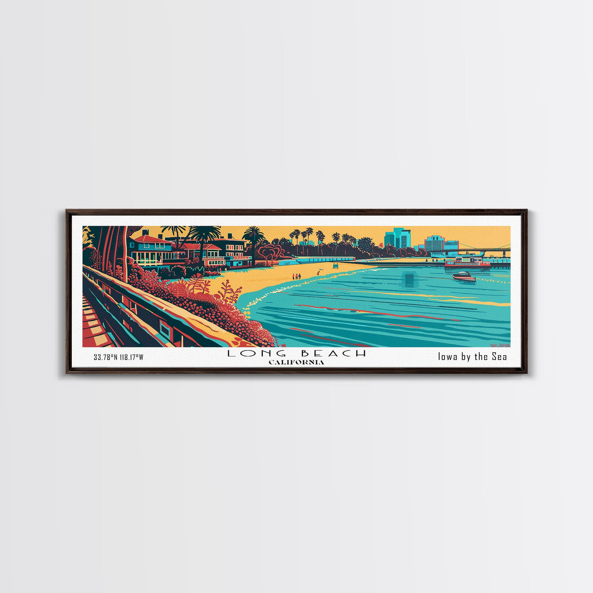 Long Beach California Panoramic Travel Poster Framed Canvas Print, Mid Century Modern Art, Pop Art Style, Wall Art, Home Decor, Wall Hanging