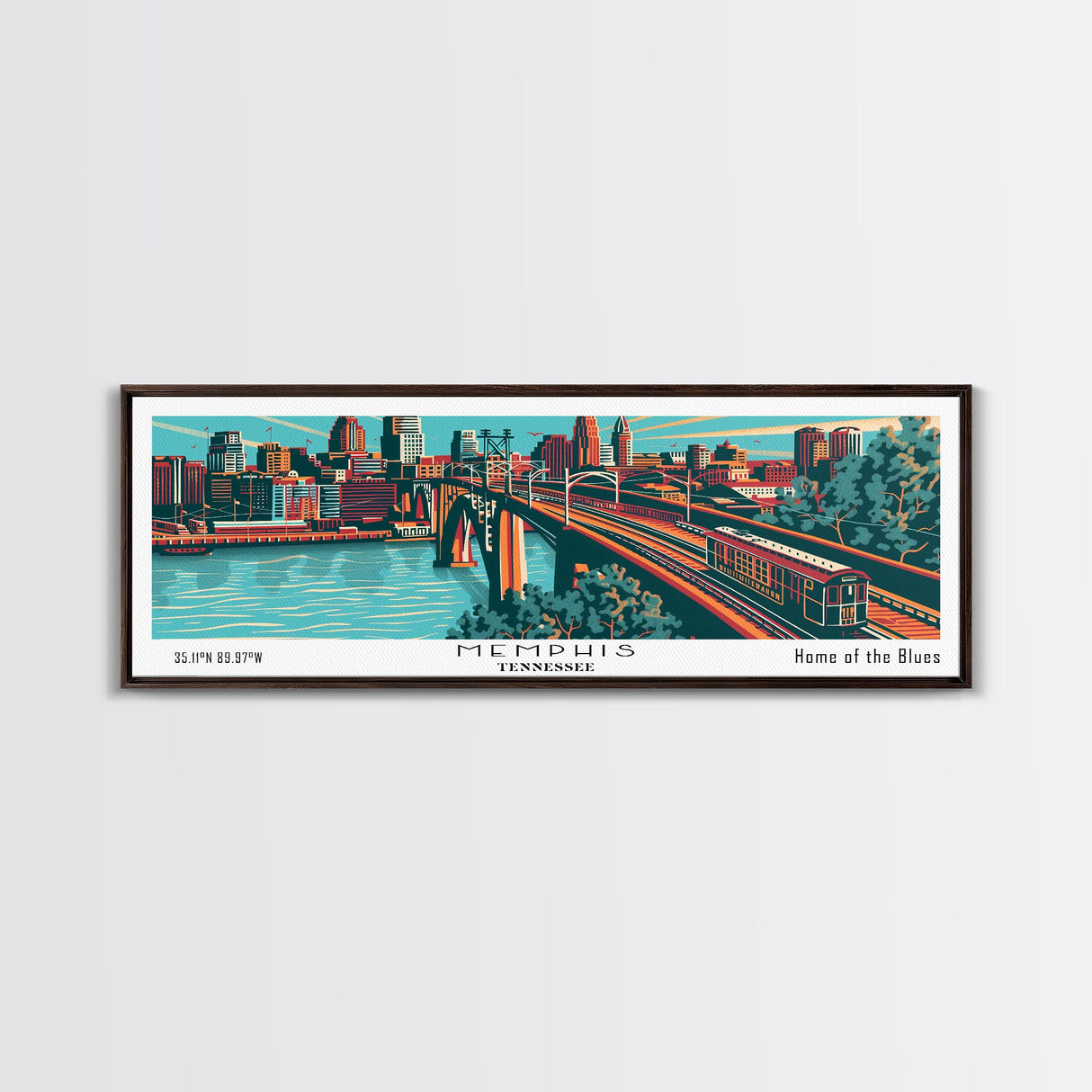 Memphis Tennessee Panoramic Painting Framed Canvas Print, Travel Poster, Mid Century Modern Art, Pop Art Style, Wall Decor, Retro Style Art