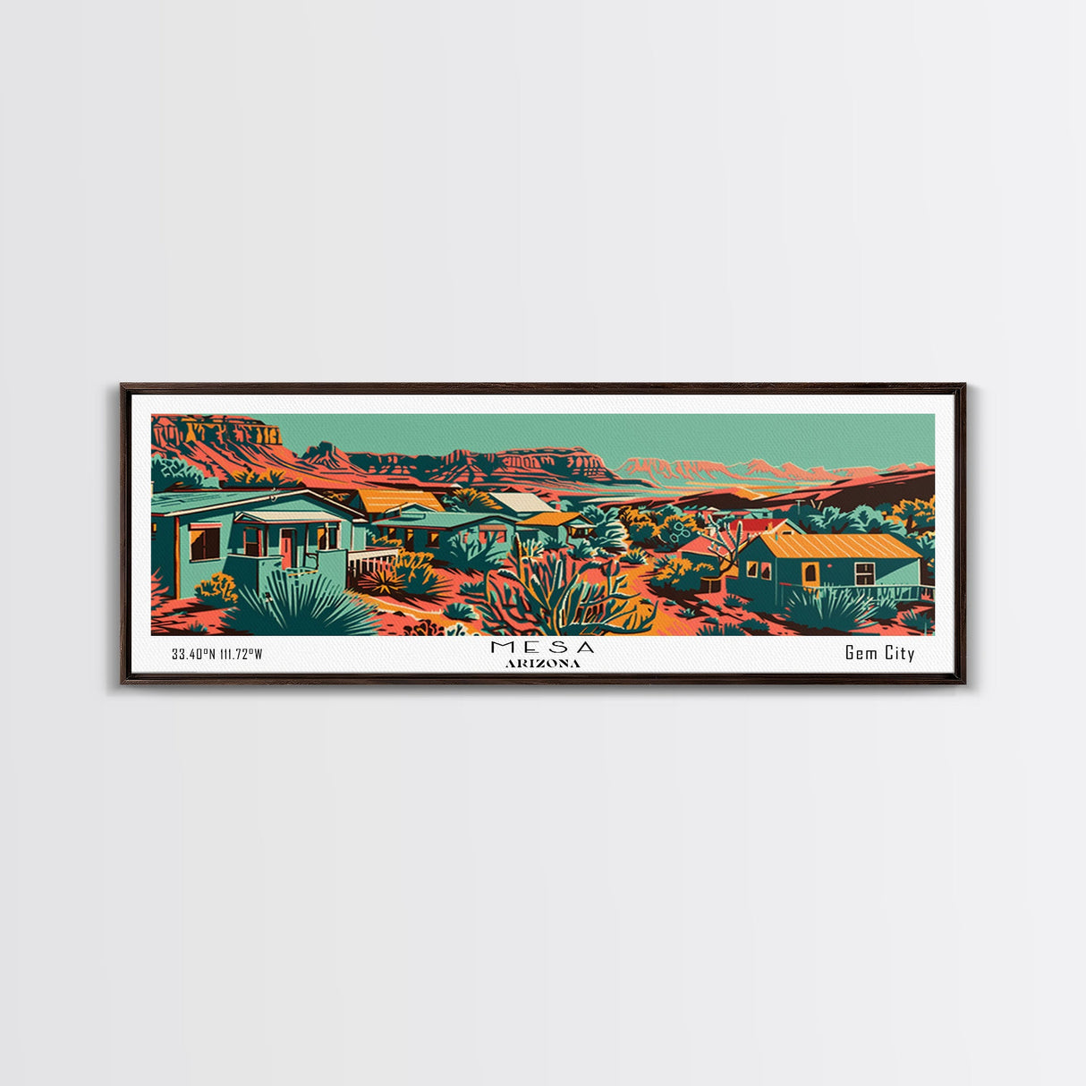 Mesa Arizona Panoramic Travel Poster Framed Canvas Print, Mid Century Modern Art, Pop Art Style, Wall Art, Home Decor, Office Wall Art