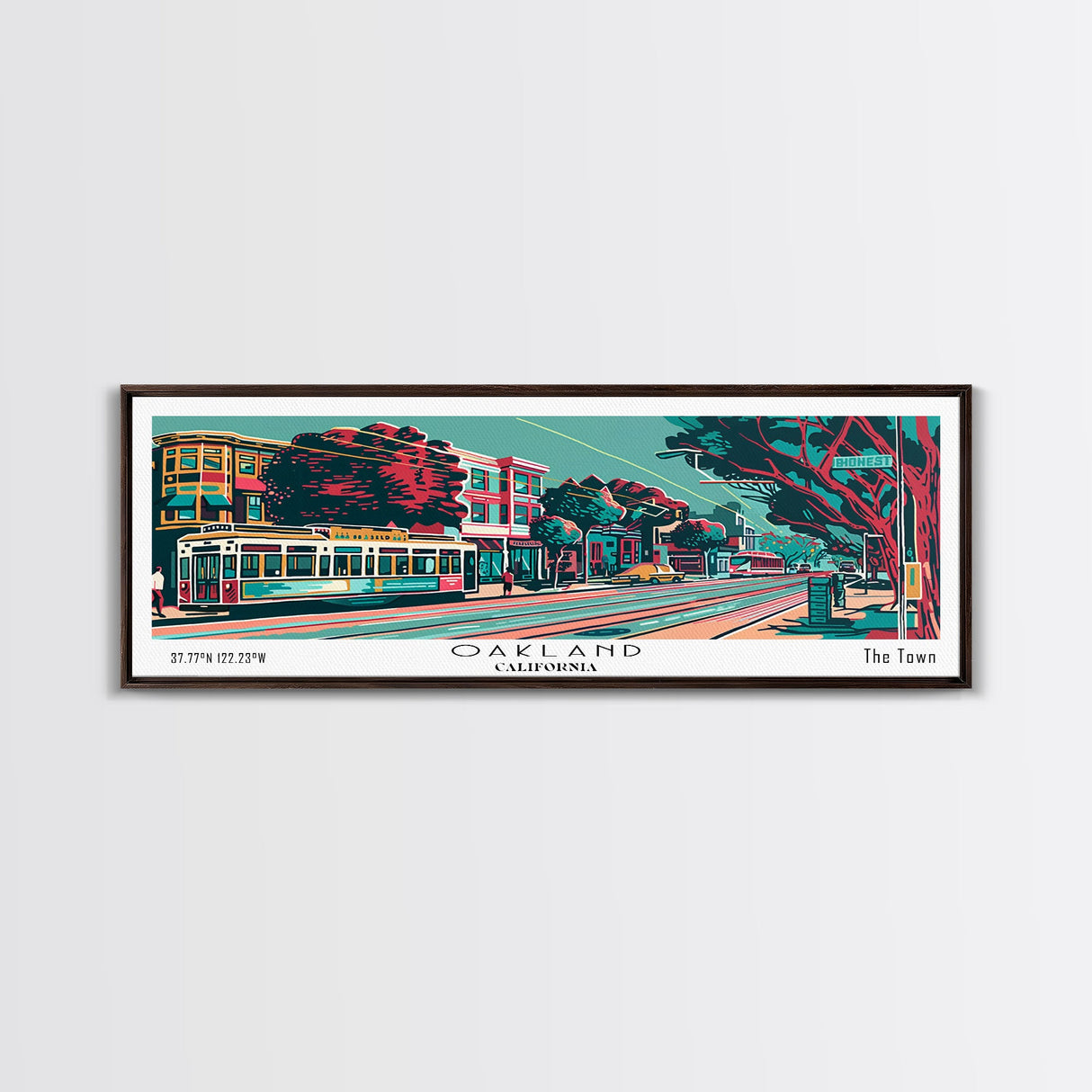 Oakland California Panoramic Travel Poster Framed Canvas Print, Mid Century Modern Art, Pop Art Style, Wall Art, Home Decor, Living Room Art