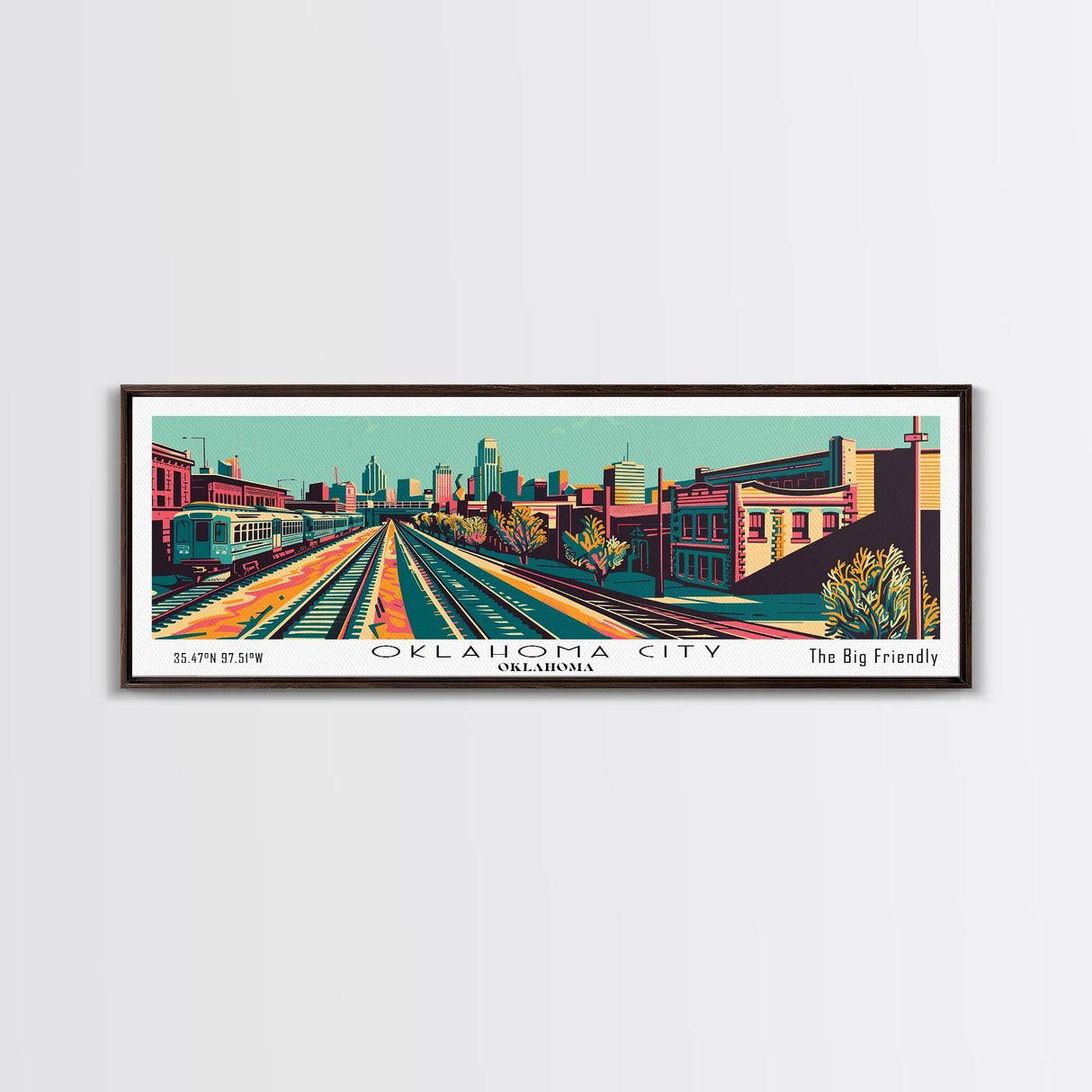 Oklahoma City Oklahoma Panoramic Wall Art Framed Canvas Print, Travel Poster, Mid Century Modern Art, Pop Art Style, Wall Decor, Office Art