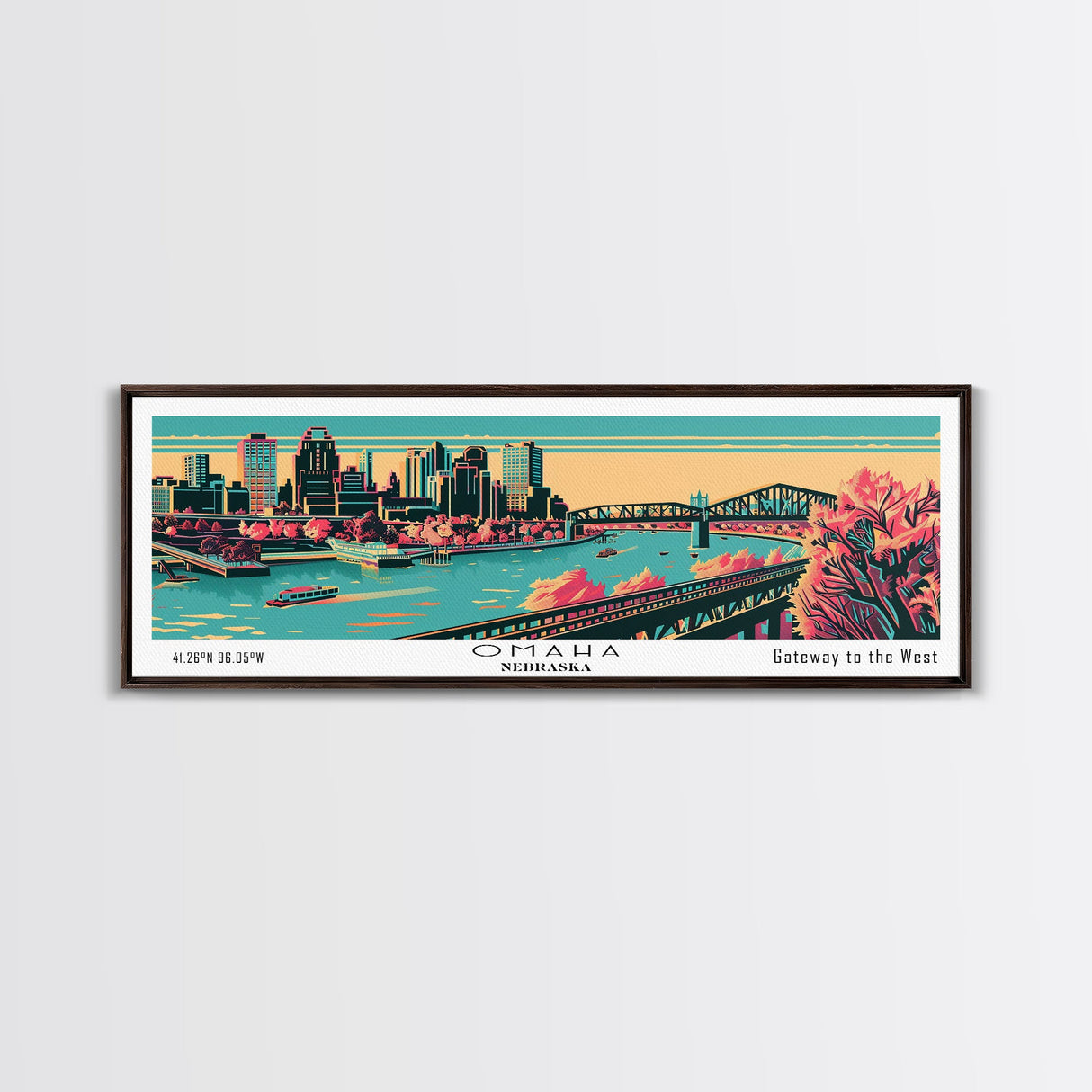 Omaha Nebraska Panoramic Painting Framed Canvas Print, Travel Poster, Mid Century Modern Art, Pop Art Style, Wall Art, Home Decor