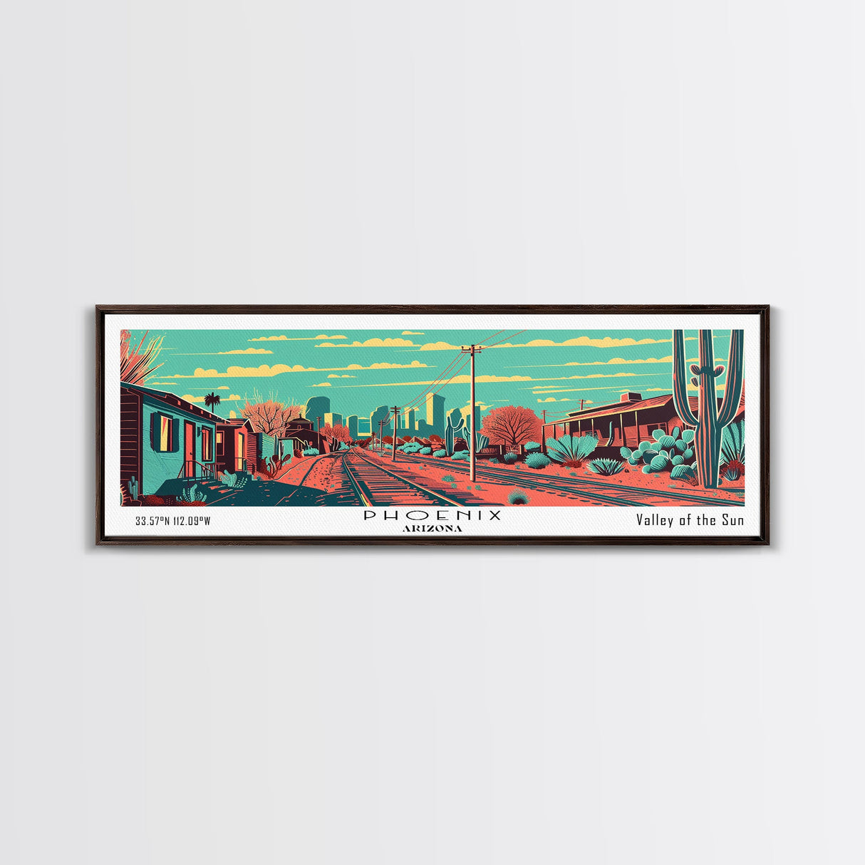 Phoenix Arizona Panoramic Wall Art Framed Canvas Print, Travel Poster, Mid Century Modern Art, Pop Art Style, Home Decor, Living Room Art