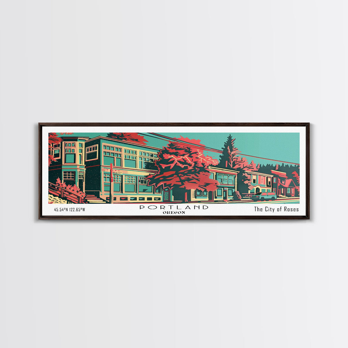 Portland Oregon Panoramic Travel Poster Framed Canvas Print, Mid Century Modern Art, Pop Art Style, Wall Art, Home Decor, Office Wall Art