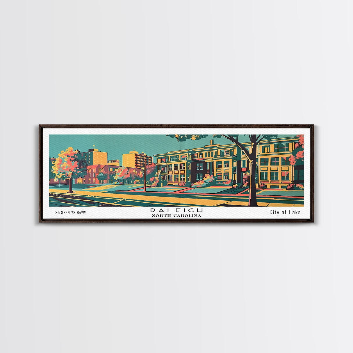 Raleigh North Carolina Panoramic Wall Art Framed Canvas Print, Travel Poster, Mid Century Modern Art, Pop Art Style, Wall Decor, Home Decor