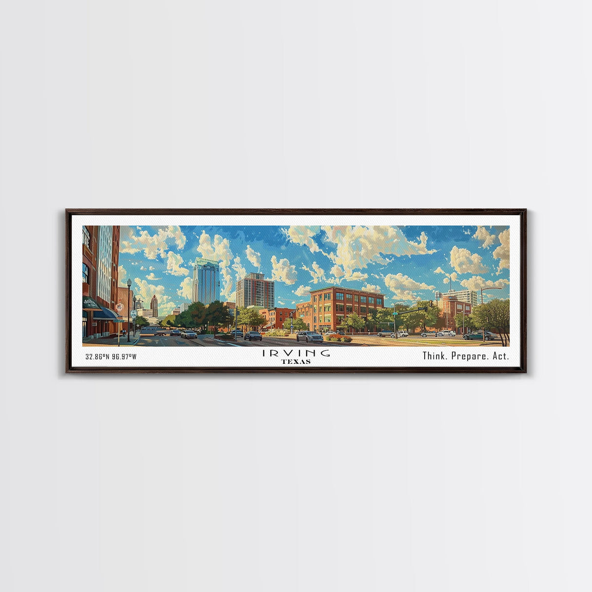 Irving Texas Panoramic Wall Art, Watercolor Framed Canvas Print, Urban Cityscape for Living Room, Travel Poster, Home Decoration