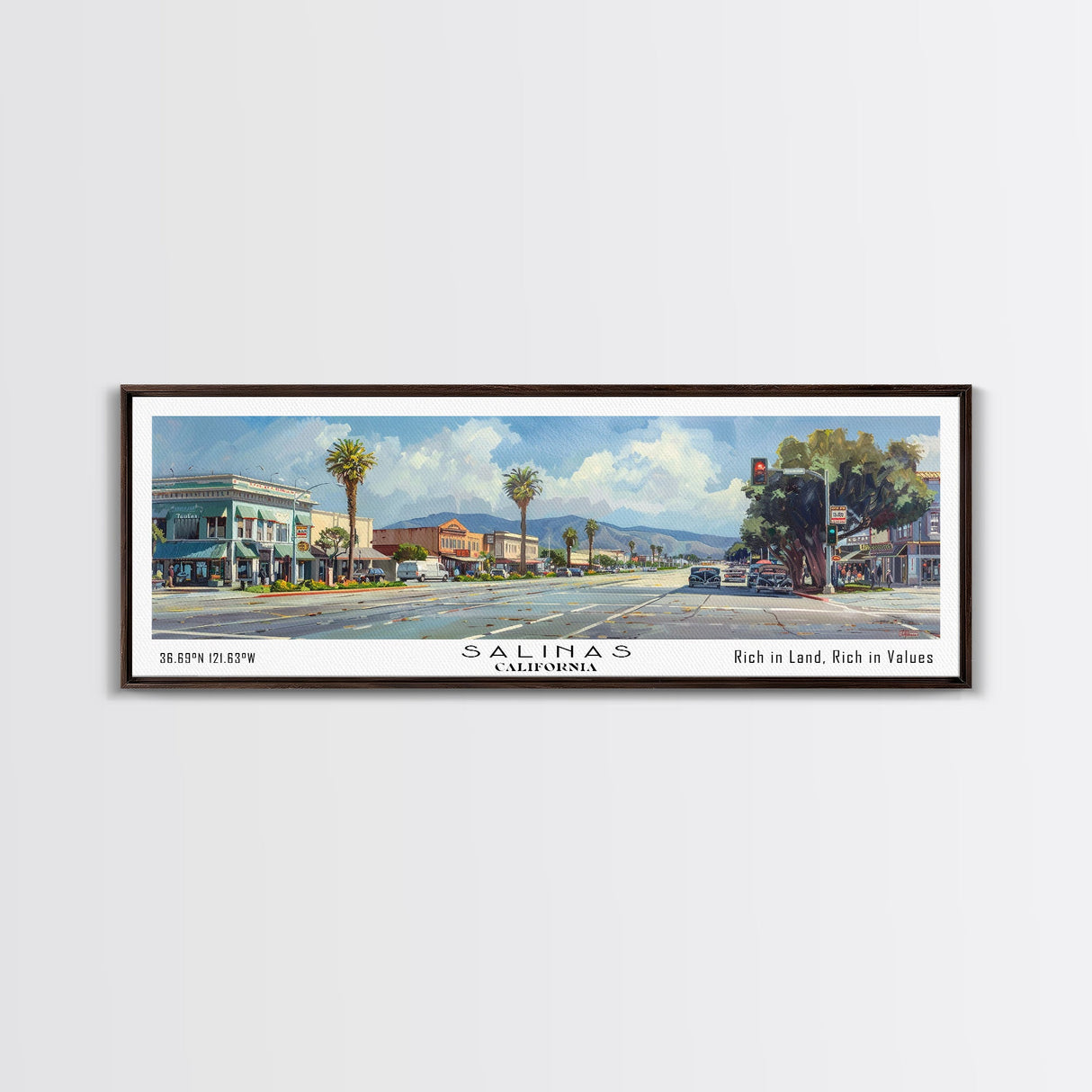 Salinas California Panoramic Print, Artistic Framed Canvas Print, Travel Poster Art, Home Decor, Living Room Wall Art