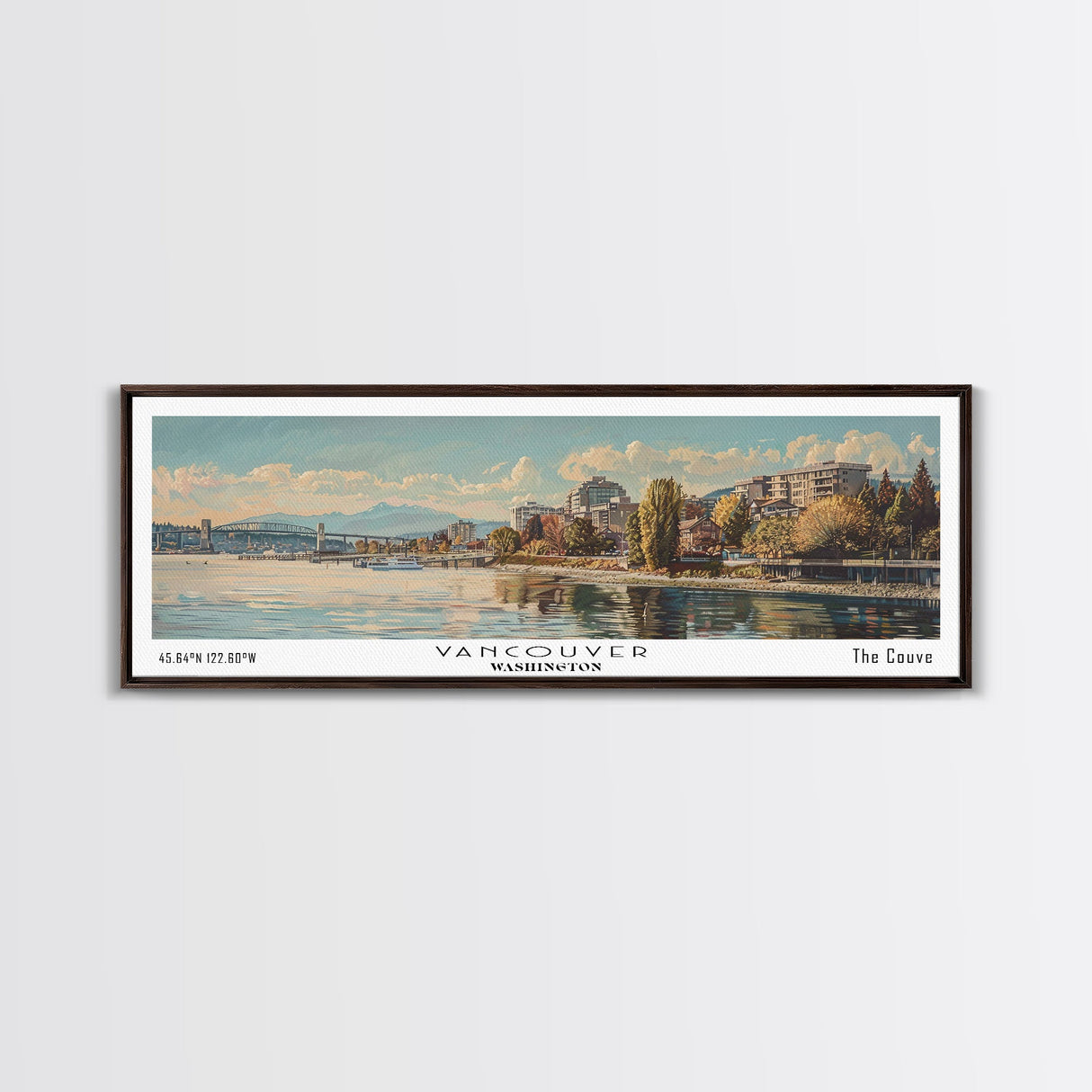 Vancouver Washington Panoramic Framed Canvas Print, Retro Style Wall Art, Unique Travel Poster, Artistic Living Room Decor, Office Gift Idea