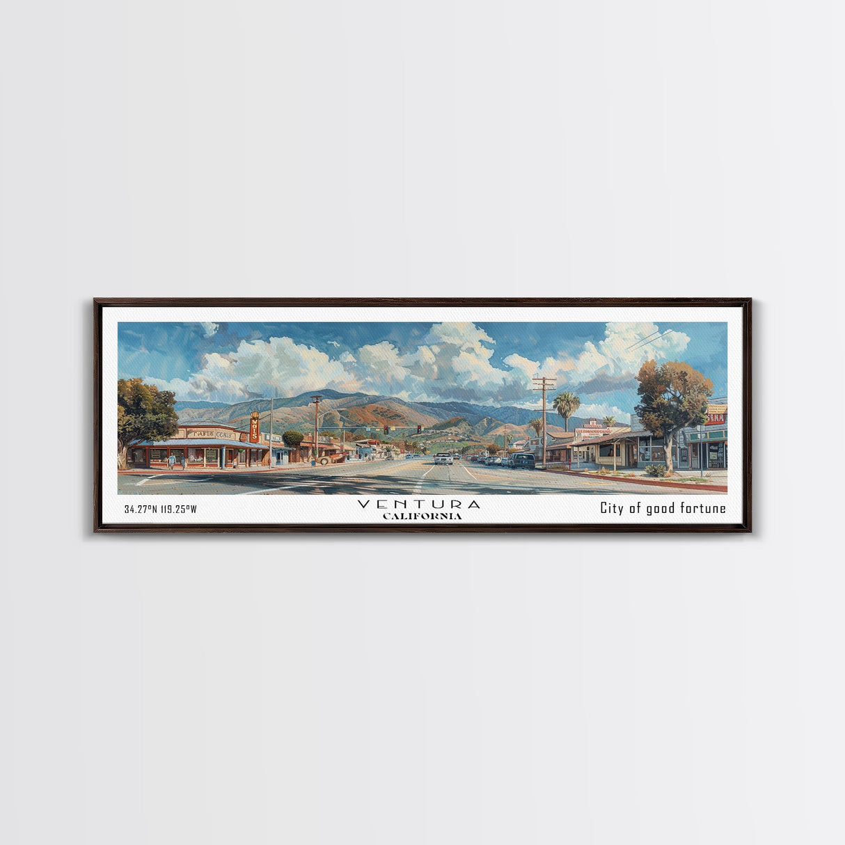 Ventura California Panoramic Painting, Framed Canvas Print, Artistic Travel Poster, Retro Wall Art, Unique Office Decor, Living Room Gift