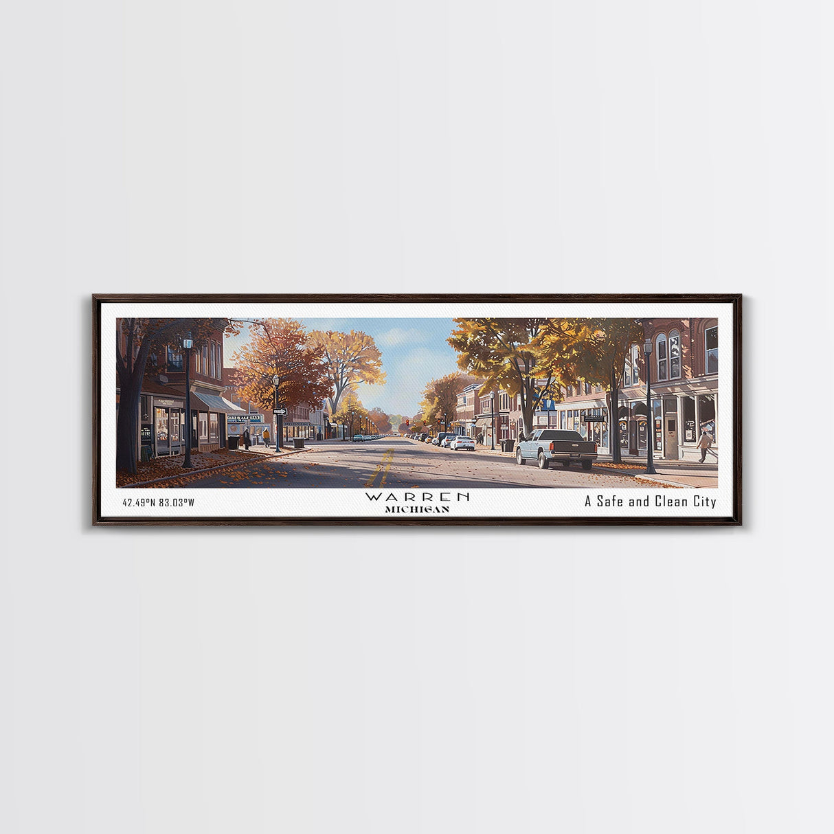 Warren Michigan Panoramic Painting, Framed Canvas Print, Retro Travel Poster, Artistic Wall Art, Unique Living Room Decor, Office Gift