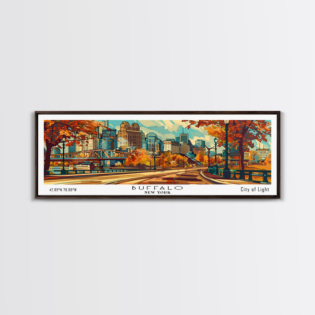 Buffalo New York Panoramic Painting Framed Canvas Print, Mid Century Modern Art, Pop Art Style, Travel Poster, Living Room Decor