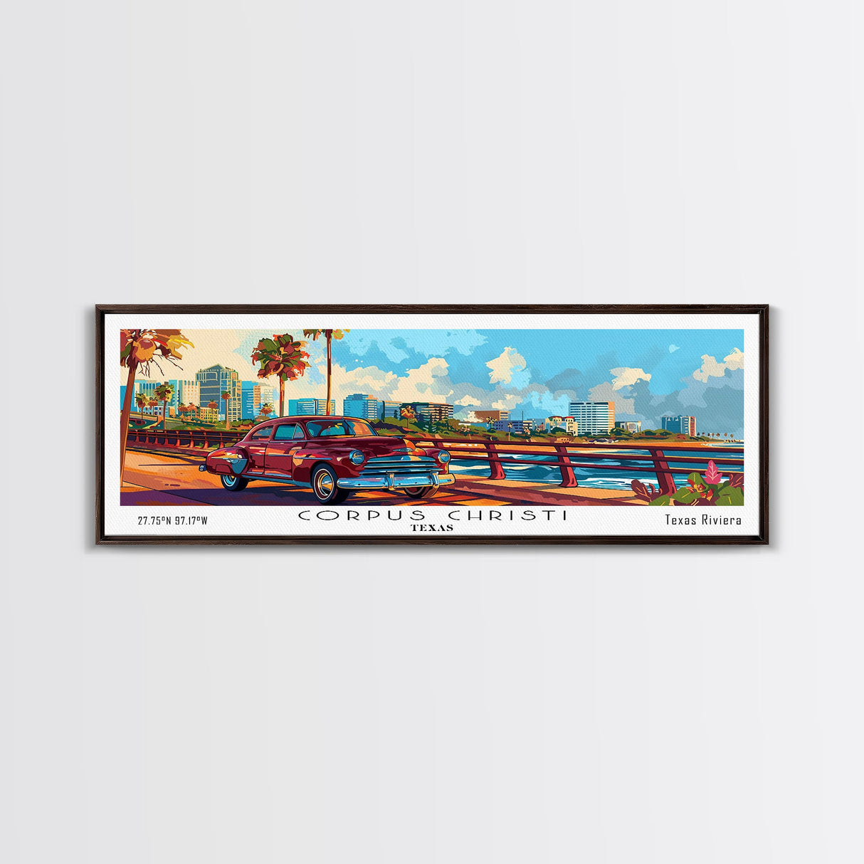 Corpus Christi Texas Panoramic Painting Framed Canvas Print, Mid Century Modern Art, Pop Art Style, Travel Poster, Living Room Decor