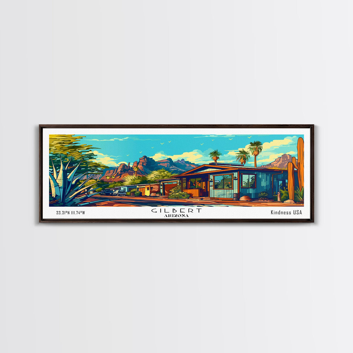 Gilbert Arizona Panoramic Wall Art Framed Canvas Print, Mid Century Modern Art, Pop Art Style, Travel Poster, Home Decor, Retro Style