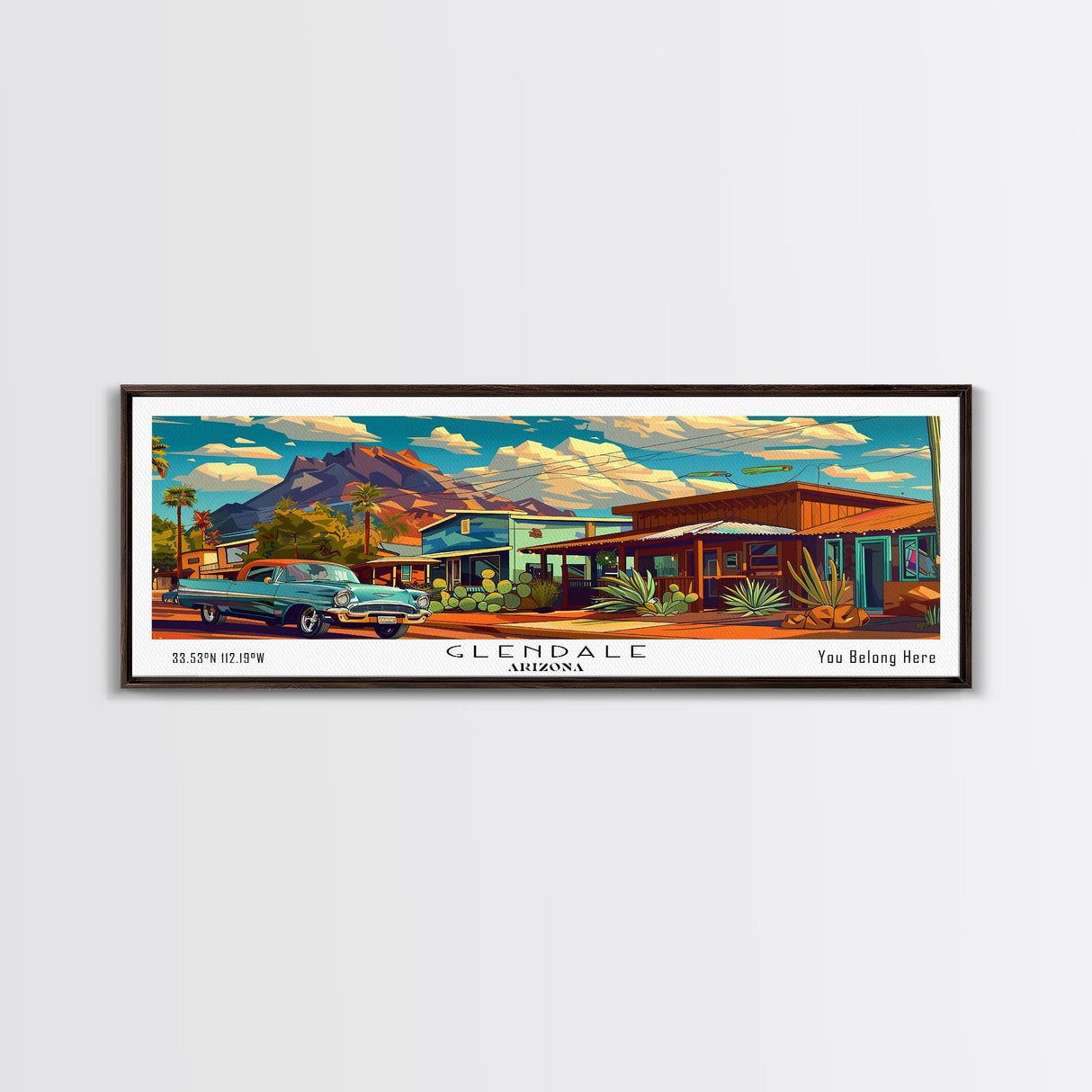 Glendale Arizona Panoramic Painting Framed Canvas Print, Mid Century Modern Art, Pop Art Style, Travel Poster, Wall Art Decor