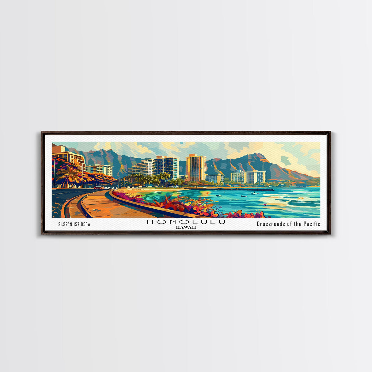 Honolulu Hawaii Panoramic Wall Art Framed Canvas Print, Mid Century Modern Art, Pop Art Style, Travel Poster, Home Decor, Retro Style