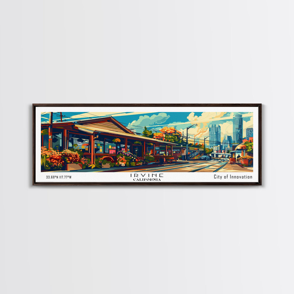 Irvine California Panoramic Travel Poster Framed Canvas Print, Mid Century Modern Art, Pop Art Style, Wall Art Decor, Home Decoration