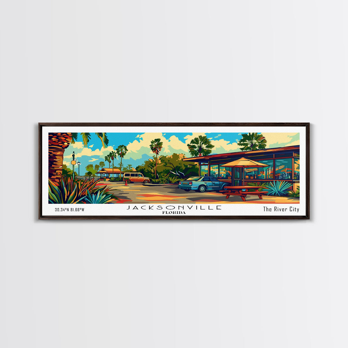 Jacksonville Florida Panoramic Painting Framed Canvas Print, Mid Century Modern Art, Pop Art Style, Travel Poster, Wall Art Decor